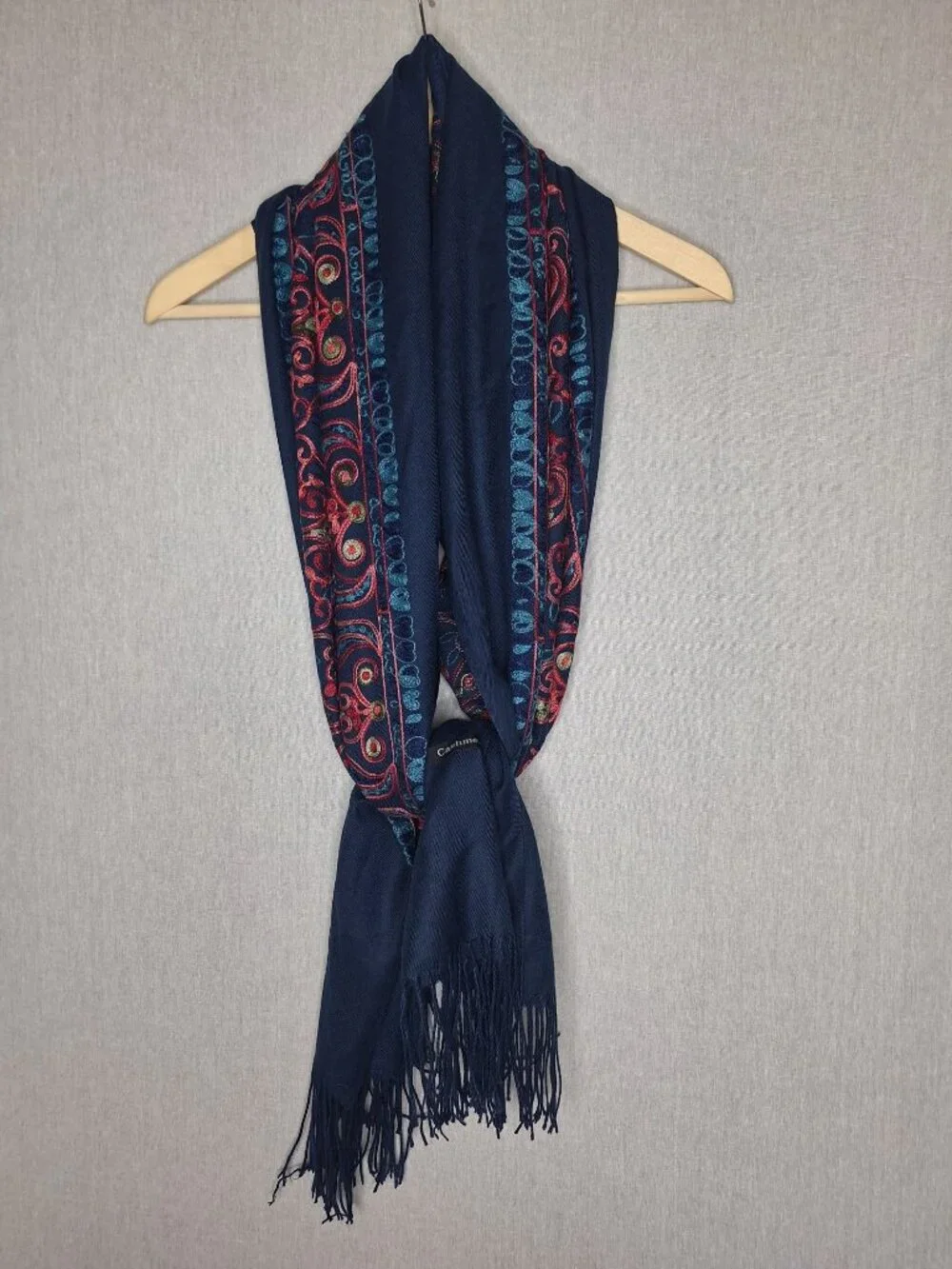 💙 Cashmere Label Oversized Navy Embroidered Paisley Pashmina Scarf Shawl Fringe